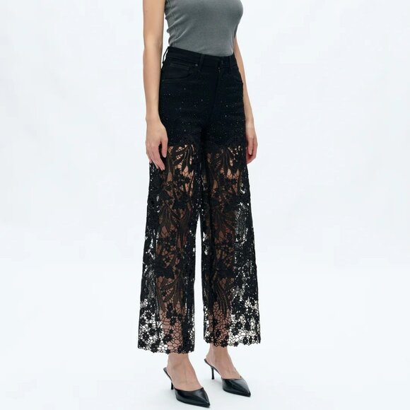 NWT Bayeas Lesley Black High Rise Lace Wide Leg Jeans with Rhinestones - Picture 5 of 12